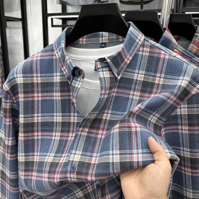 قميص شتوي دافئ بأكمام طويلة مع قميص منقوش من القطن الخالص ذو لون مخملي سميك مبطن بالصوف الذي يحتوي على صوف الأغنام #4