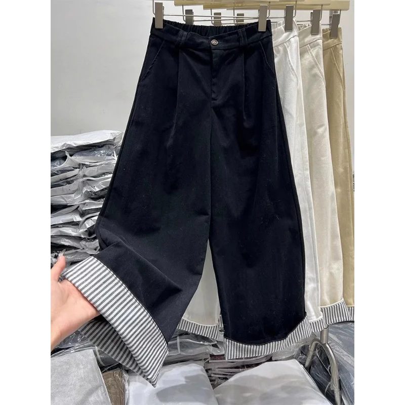 สไตล์เกาหลีลายเปิดขึ้นกุ๊นกางเกงขากว้างหลวมตรงกางเกงลําลองครอป