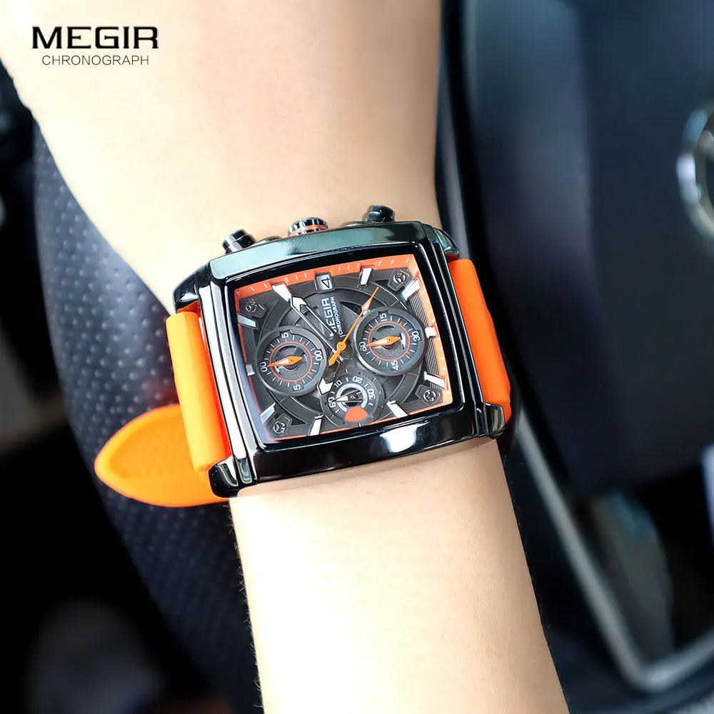 MEGIR-reloj deportivo Unisex, cronógrafo de pulsera de cuarzo, resistente al agua, con manecillas luminosas, fecha automática, esfera rectangular