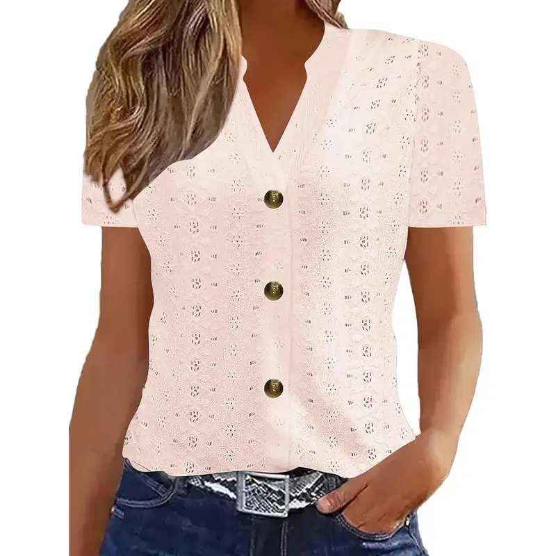 Women Button Down Shirts Eyelet Hollow Out Tops Knit Tunics Boho Cute Tees Tshirt Lightweight Crochet Blouse