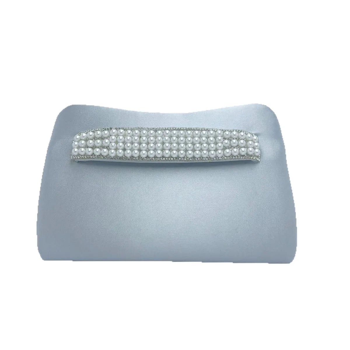 2026 Light Blue Satin Double Row Pearl Long Frame Clutch Bag Women Soft Elegant Evening Handbag For Wedding Date Cocktail Formal