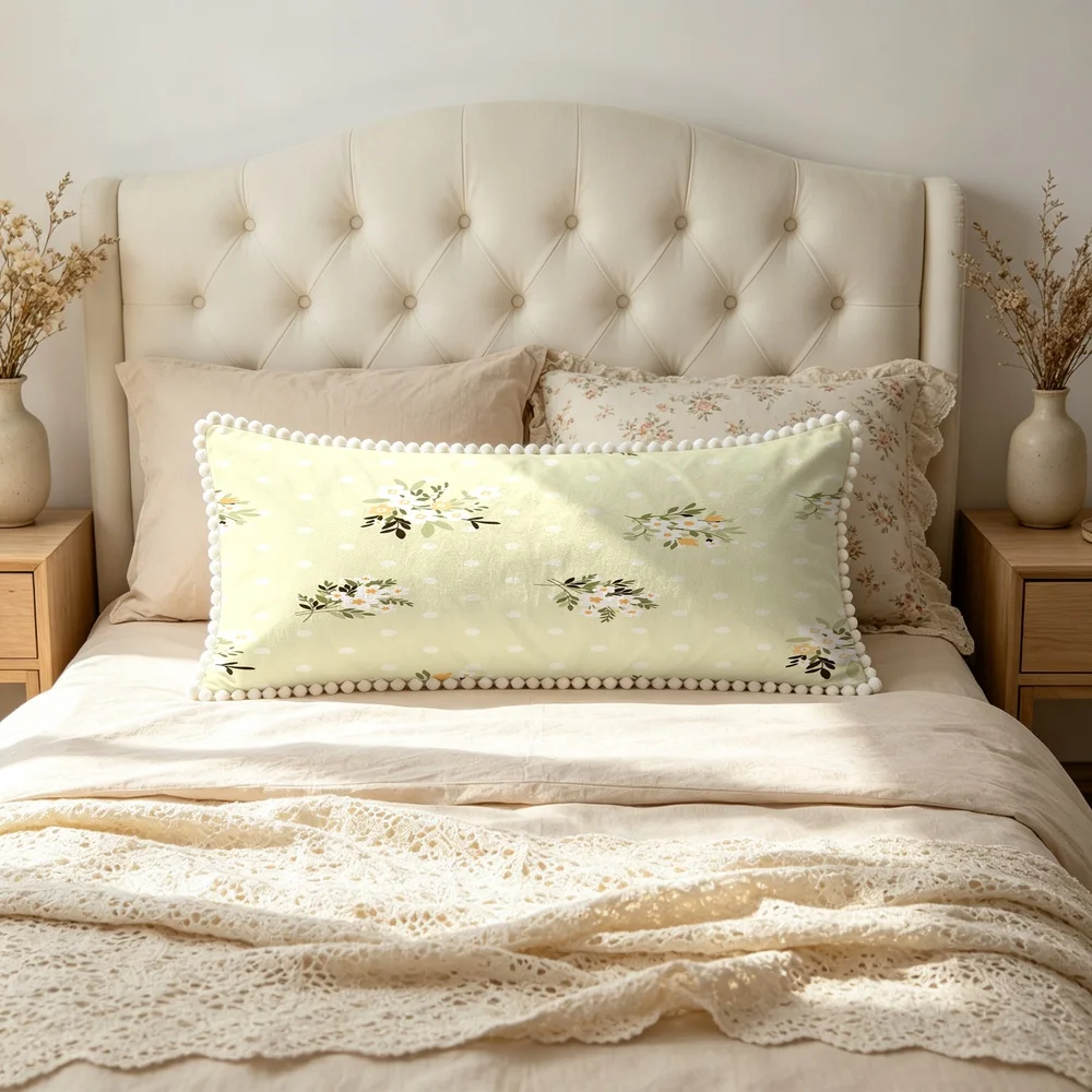 1PC Light Yellow Background with White Small Wildflowers and Green Leaves, Sweet Fresh Country Floral Long Pillow Cover with P