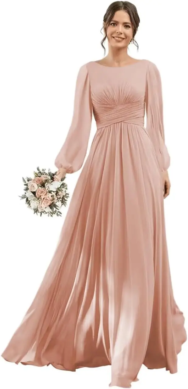 Vestido de dama de honor de manga larga con cuello redondo y bolsillos Vestidos de fiesta formales de gasa largos con vestido de noche con abertura