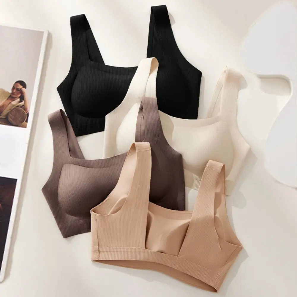 솔리드 컬러 간단한 무선 브래지어 충격 방지 안티 처짐 푸시 업 브래지어 이동식 패드 전체 컵 원활한 속옷 여성