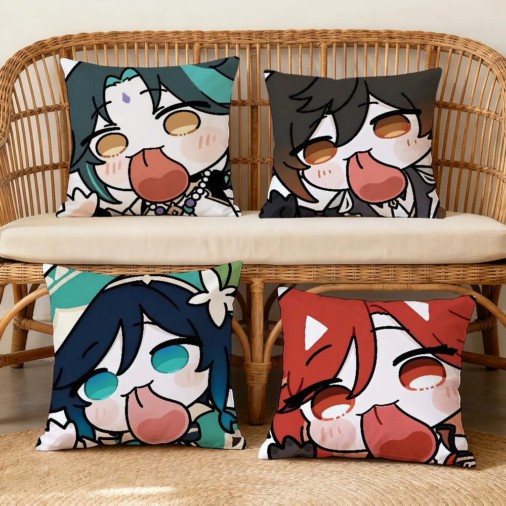Genshin Impact Face Cute Q-version Game Cushion Cover Square Decorative Throw Pillow Case Sofa Bed Living Room Anniversary Gifts