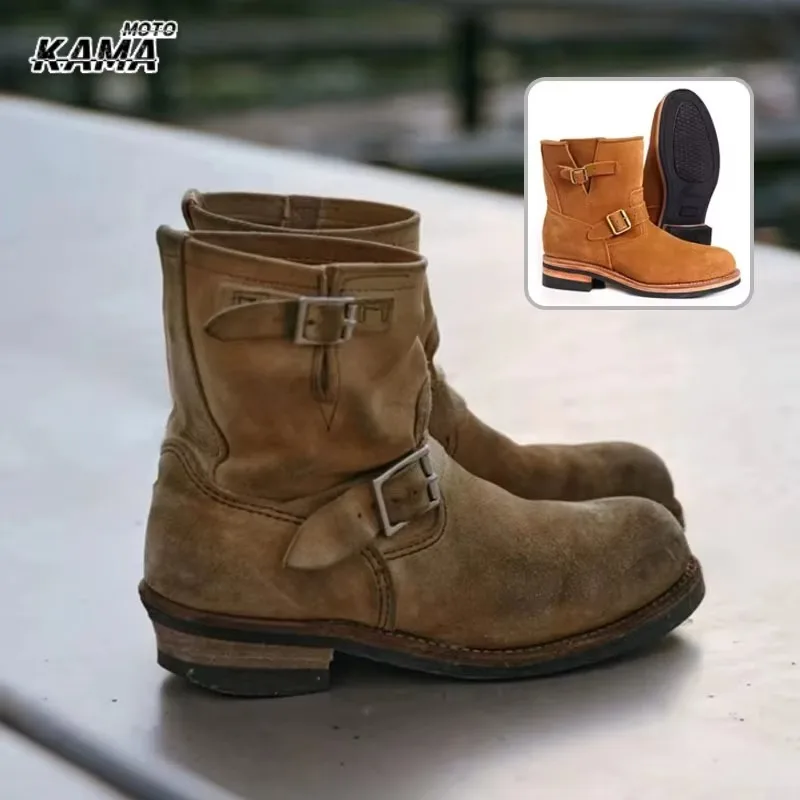 Retro Leisure Motorcycle Boots Middle Tube Knight Boot Khaki Leather Denim ort Tube Boots Men's Faion Boots