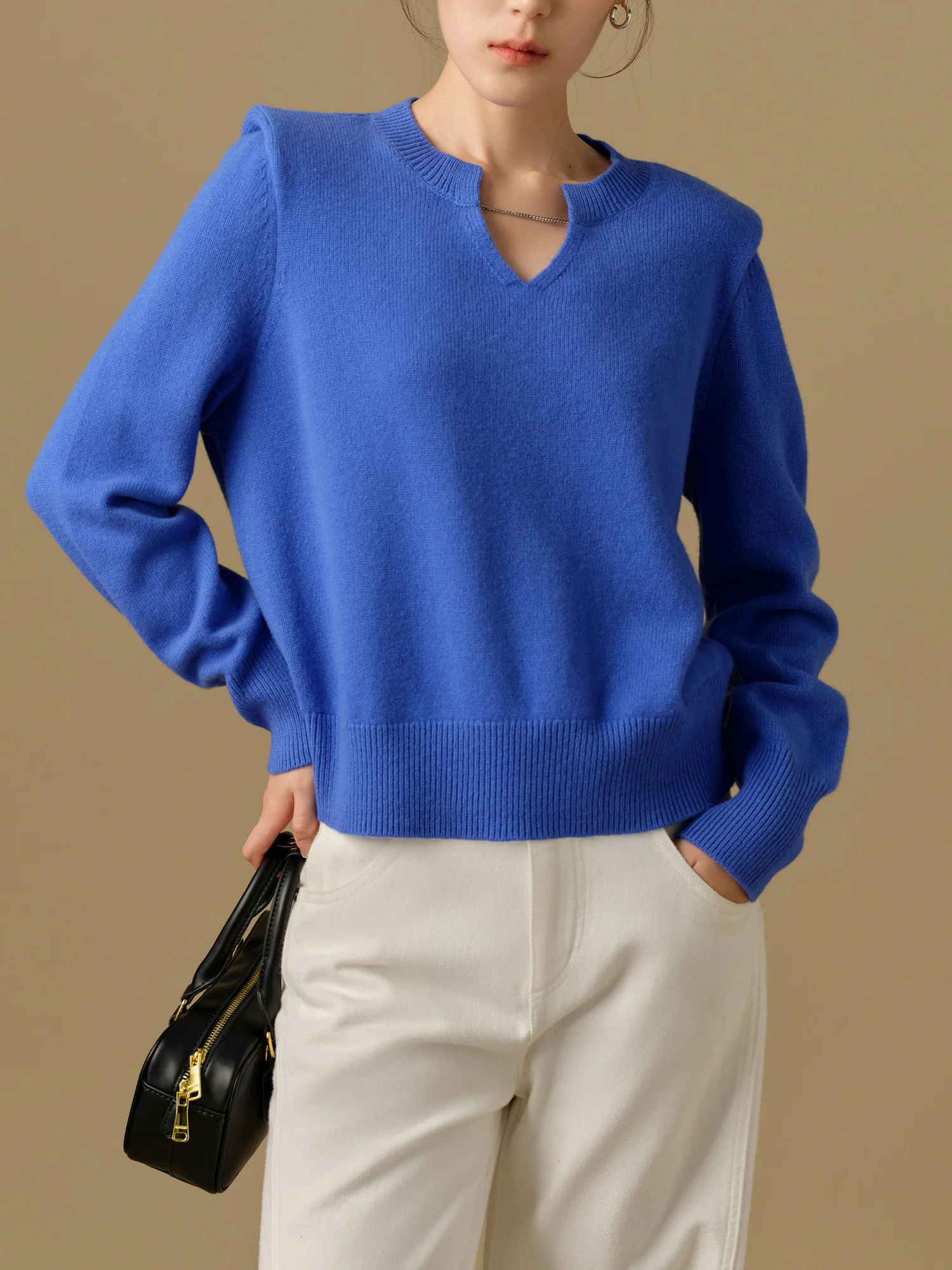 DUSHU Plus Size100% Wool Women Chic Sweater 2024 Winter New Design Metal Chain Fashion Sweater Blue Knitted Warm Top 24DS84161