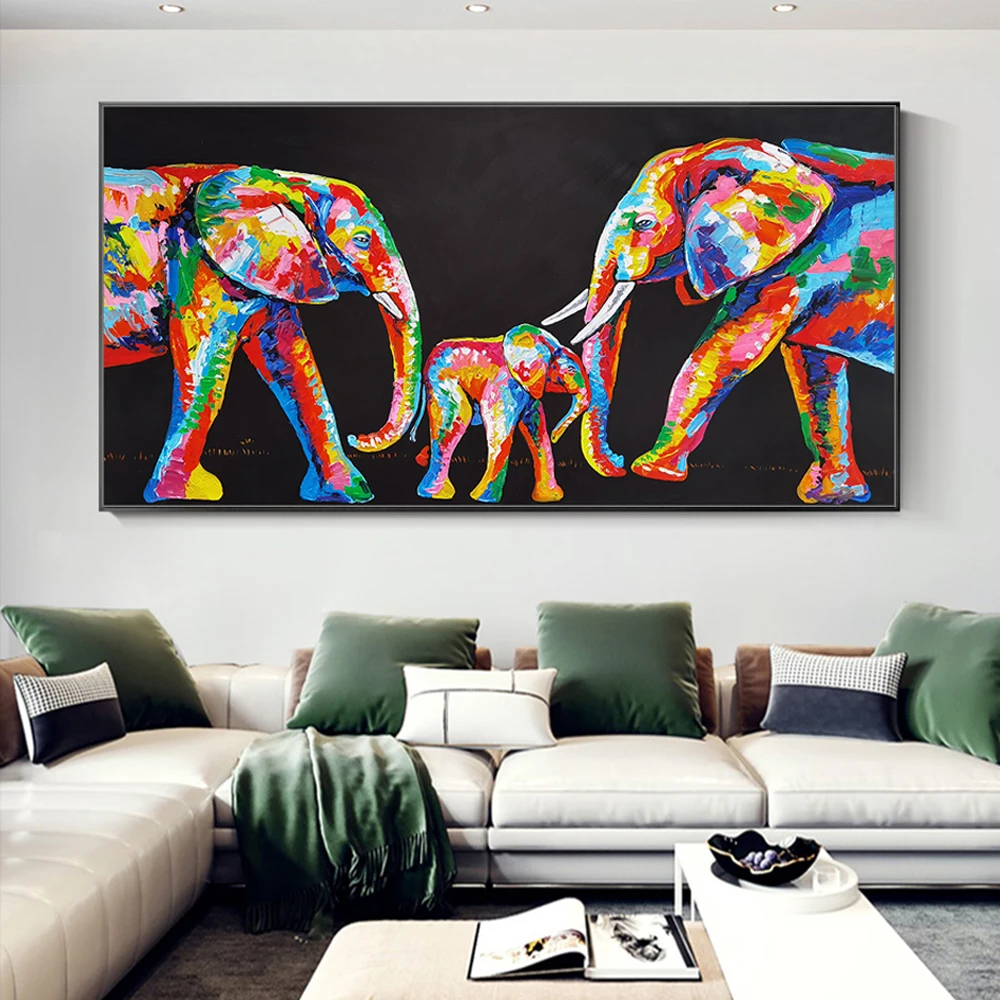 Mintura Handpainted 3D Modern Anmimals Poster Colorfull Elephant Oil Paintings on Canvas Wall Art Picture Living Room Home Decor