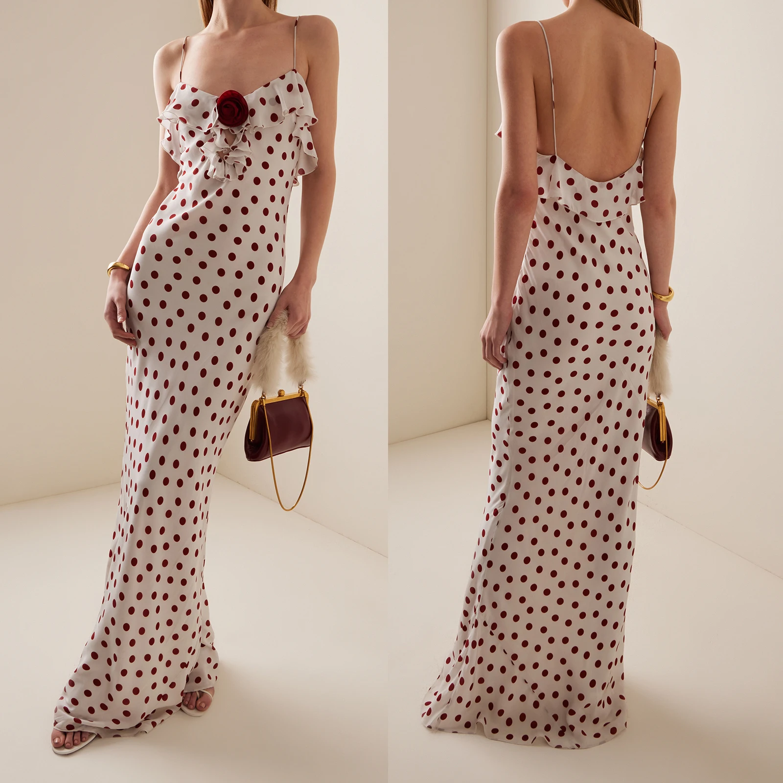 2025 Women's Ruffle Flower Dot Cami Dress Sleeveless Spaghetti Strap V Neck Bodycon Long Dress Summer Party Dress