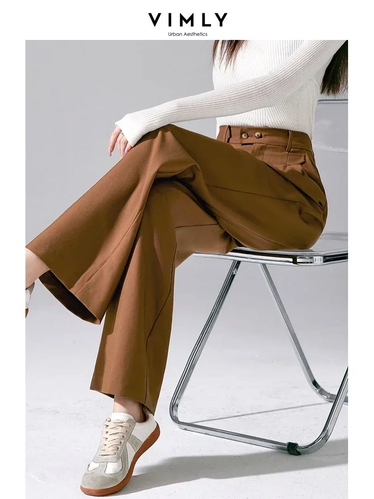 Vimly Coffee Elastic Waist Dress Pants for Woman 2023 Autumn New in Mopping Suit Pant Straight Loose Casual Trousers Women M3209