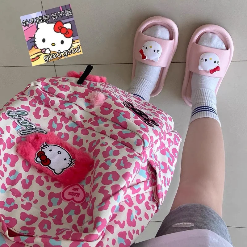 Mochila con estampado de leopardo para niña, Bolsa Escolar portátil de gran capacidad, bonita, de color rosa, con dibujos animados de Hello Kitty