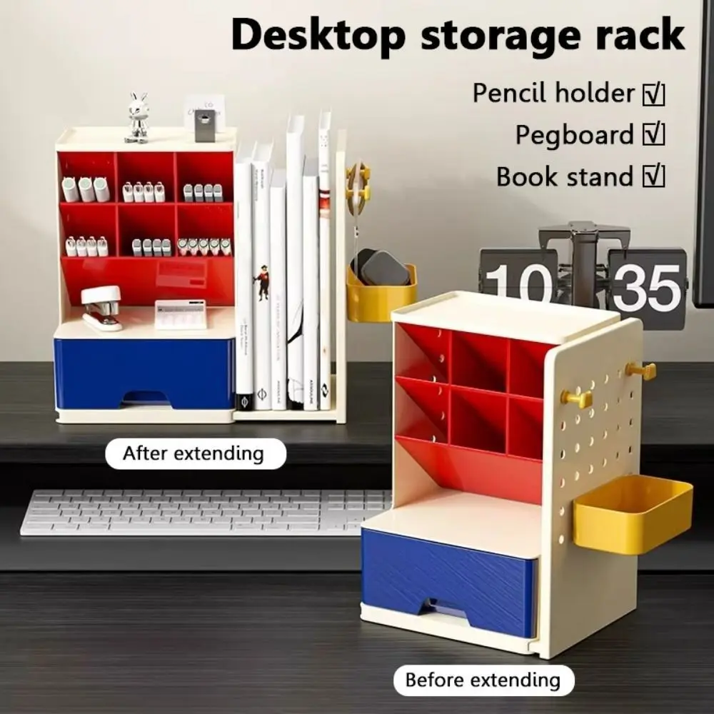 Oblique Design Desktop Pen Holder Large-Capacity Multi Grid Bookend with Drawers Space-Saving Perforated Board Desk Organizer