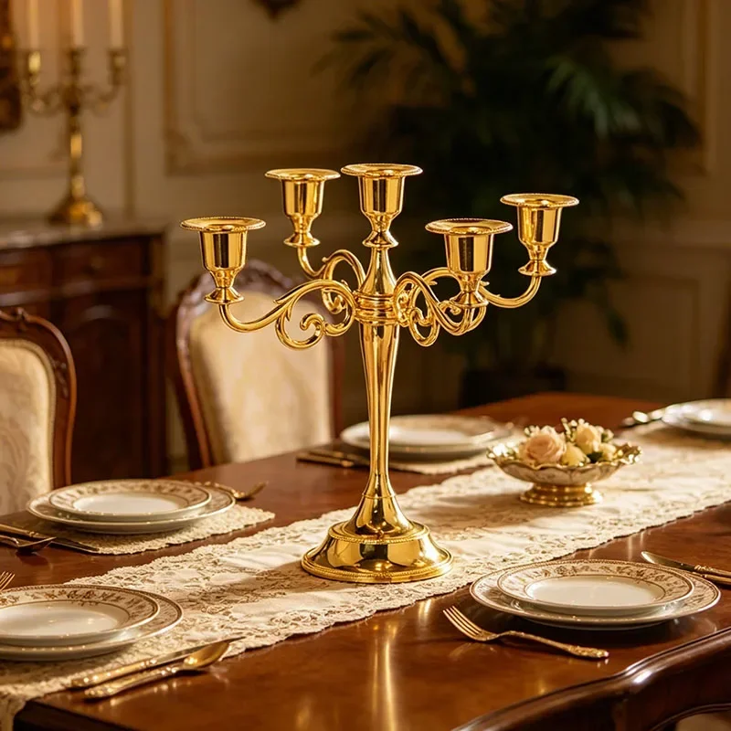 European Luxury Gold Candle Holder, Romantic Atmosphere Candelabra for Home Living Room Candlelight Dinner Decoration