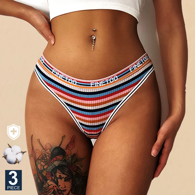 FINETOO 3PCS/Set Women Cotton Seamless G-string Sexy Colorful Striped Lingerie Panties S-XL Thongs Female Letter Waist Underwear