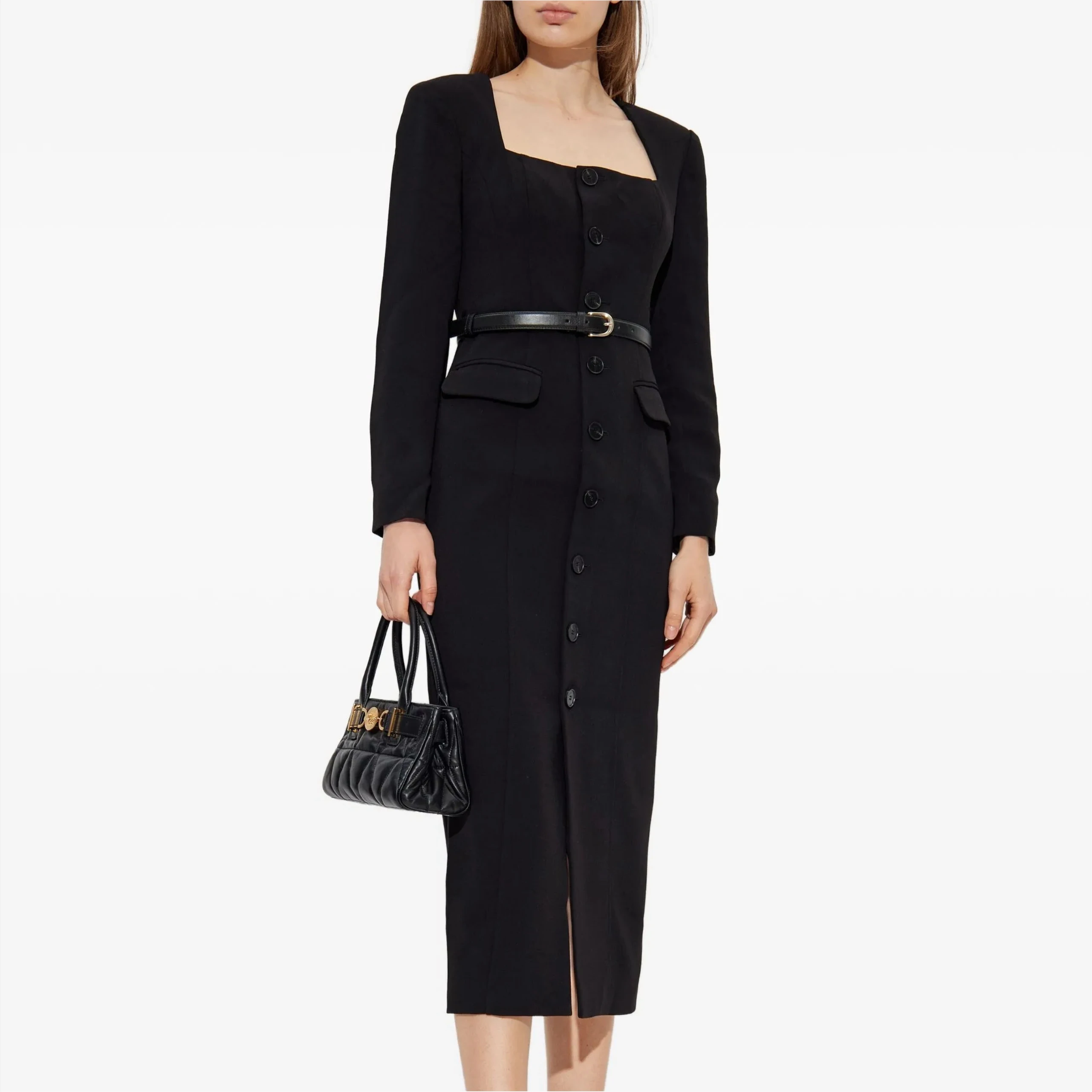 Schwarz Quadrat Kragen Elegantes Kleid Frauen Langarm einreiher Chic Vestidos Bodycon Streetwear Kleidung Dame