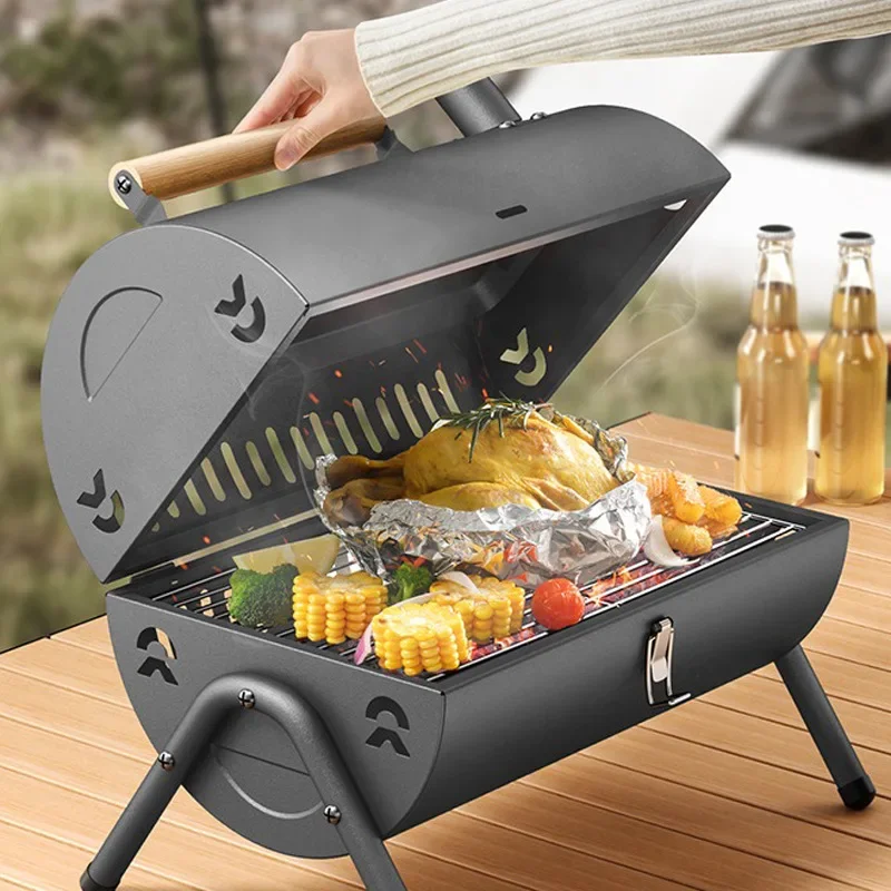 BBQ Grill Ronde Houtskoolkachel Buiten Bacon Draagbare 3-in-1 Barbecue Grills Dubbeldeks Roker Oven Camping Picknick Koken Gereedschap