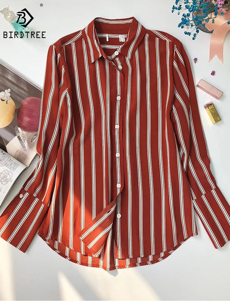 Birdtree 18MM Sandwashed Crepe De Chine 100%Silk Shirt Red And White Stripes French Vintage Square Neck Commuter Top T38070QD