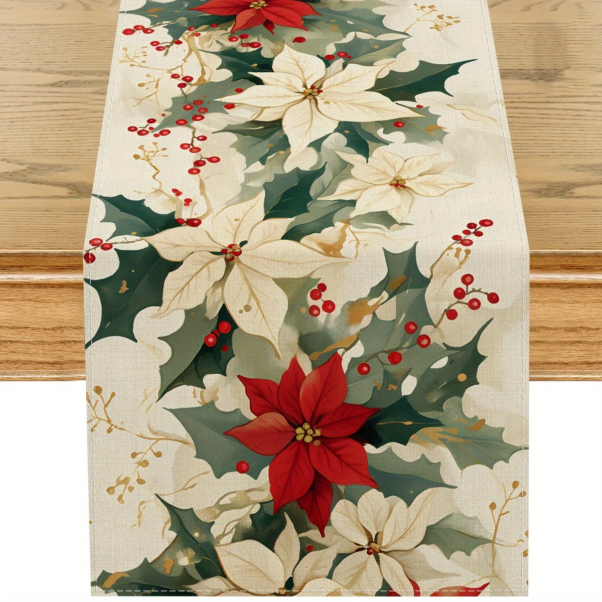 Christmas Poinsettias Holly Berry Linen Table Runner Party Decor Winter Xmas Kitchen Dining Table Runners Christmas Decorations