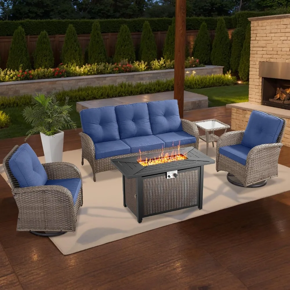 5 Piece Patio Furniture Set with Fire Pit Table - Wicker Patio Conversation Set, 3-Seat Sofa, Tempered Glass Side Table