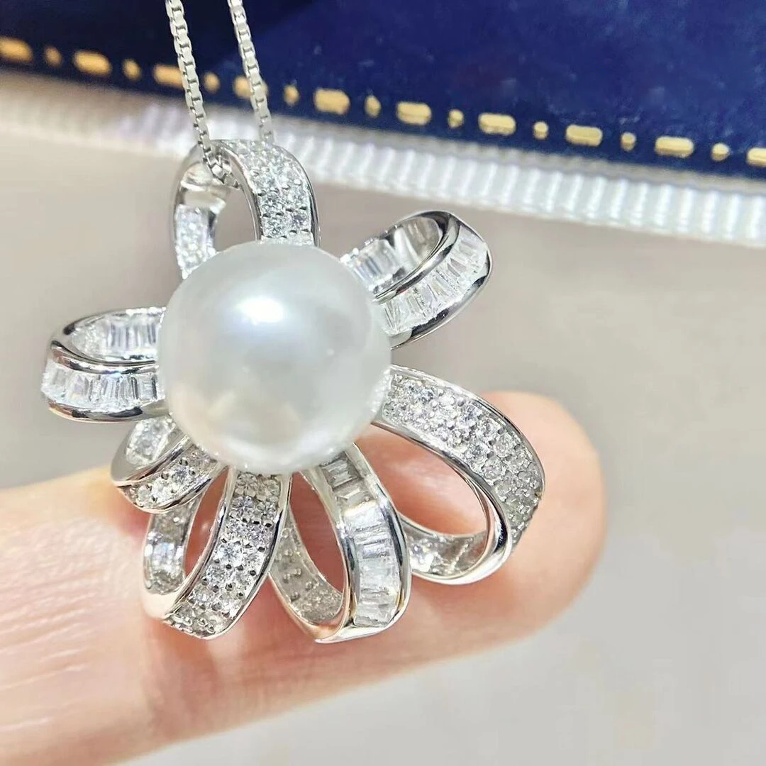 

MeiBaPJ 10-11mm Natural Semiround Pearl Fashion Flower Pendant Necklace 925 Sterling Silver Fine Wedding Jewelry for Women