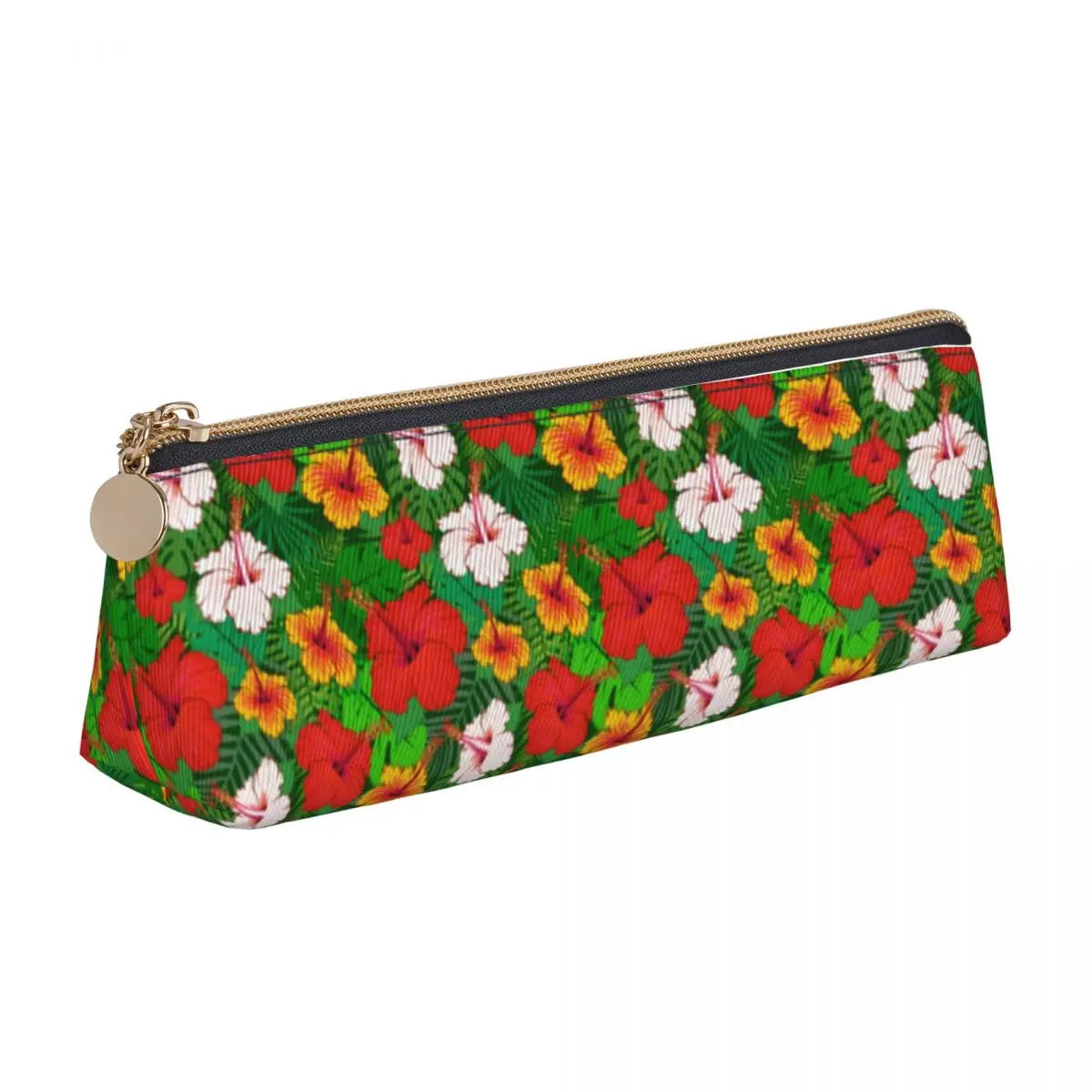 Colorful Bright Flowers Leather Pencil Case Hawaiian Tropical Print Fashion Zipper Pencil Box School Teens Triangle Pen Bags