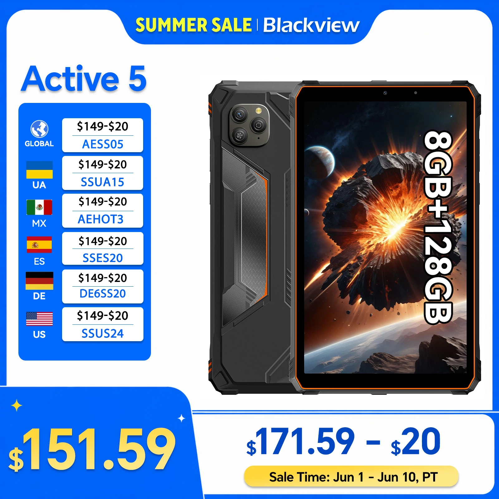 Blackview Active 5 8.68'' Rugged Tablet PC, Unisoc T615 Octa Core, 6GB+128GB, 6600mAh Battery Android 15,Mini Pad,Global Version