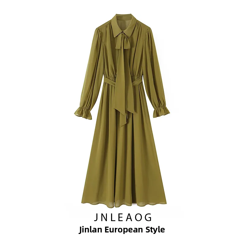 JNLEAOG Summer New Women's Comfortable Intellectual Daily Outdoor Chiffon Draped Dress A-Line Skirt Long Sleeve Polyester