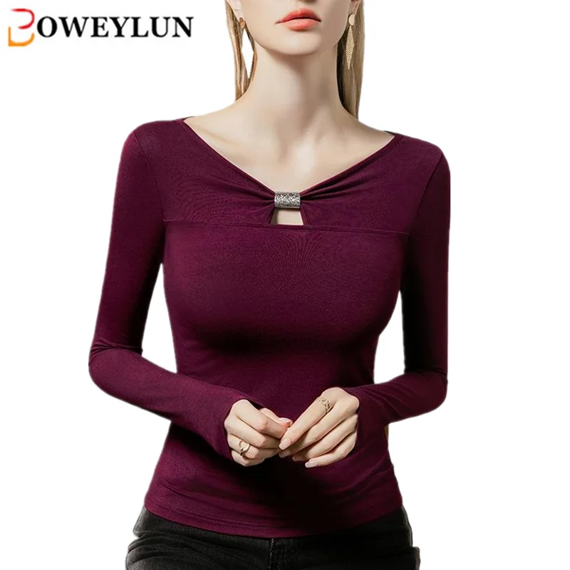 BOWEYLUN, осенняя новая футболка с v-образным вырезом и длинными рукавами, женская ретро-футболка с металлическими украшениями, однотонная нижняя рубашка, блузка, женская