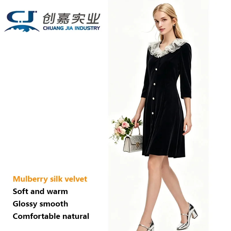 Silk Velvet Dress for Ladies Three-quarter Sleeves Lace Trim Single Row of Buttons Dress. Exudes Elegant Fashionable Charm.