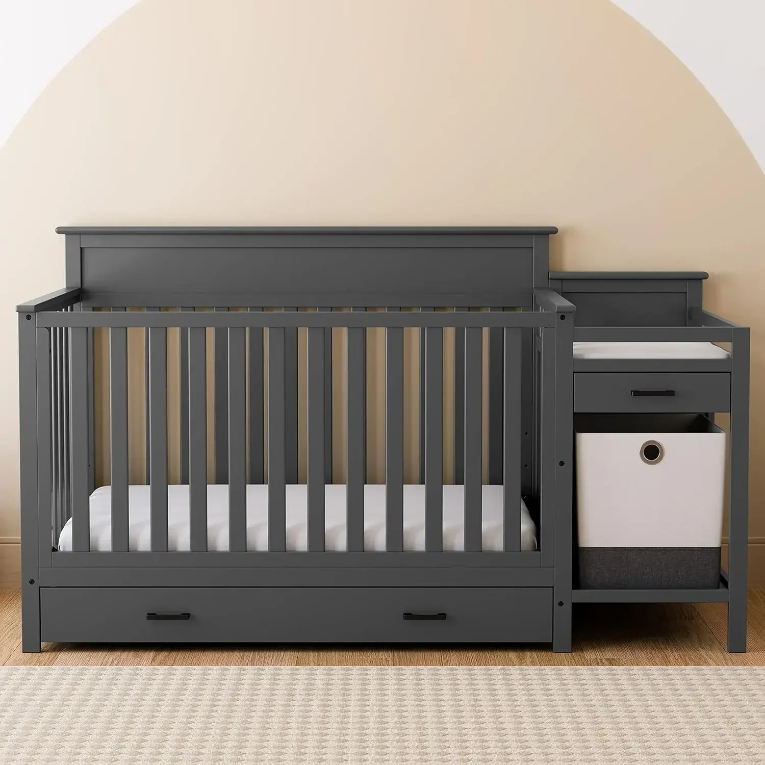 Convertible Crib and Changing Table Combo with Drawer, 4 in 1,  Bed, Changer, Gray, Converts to Toddler Bed