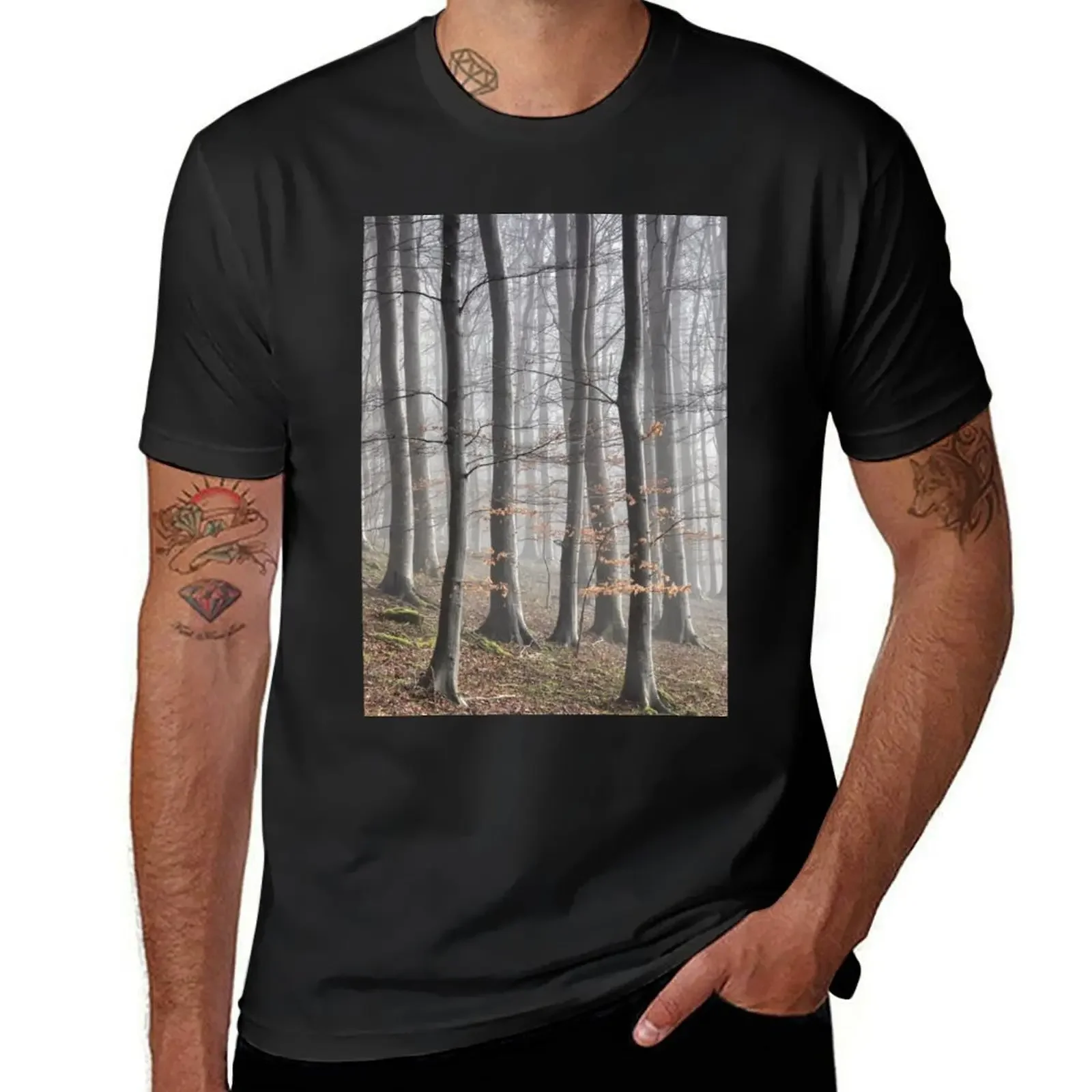 

Beech Tree Woodland and Mist T-Shirt valentines boutique clothes quick-drying mens vintage t shirts