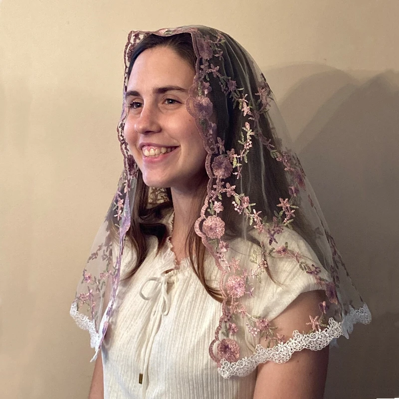 

D Shape Rectangle Mantilla Catholic Mass Women Veils Head Covering Vintage White Tulle Pink Flowers Floral Wrap Shawl Unique