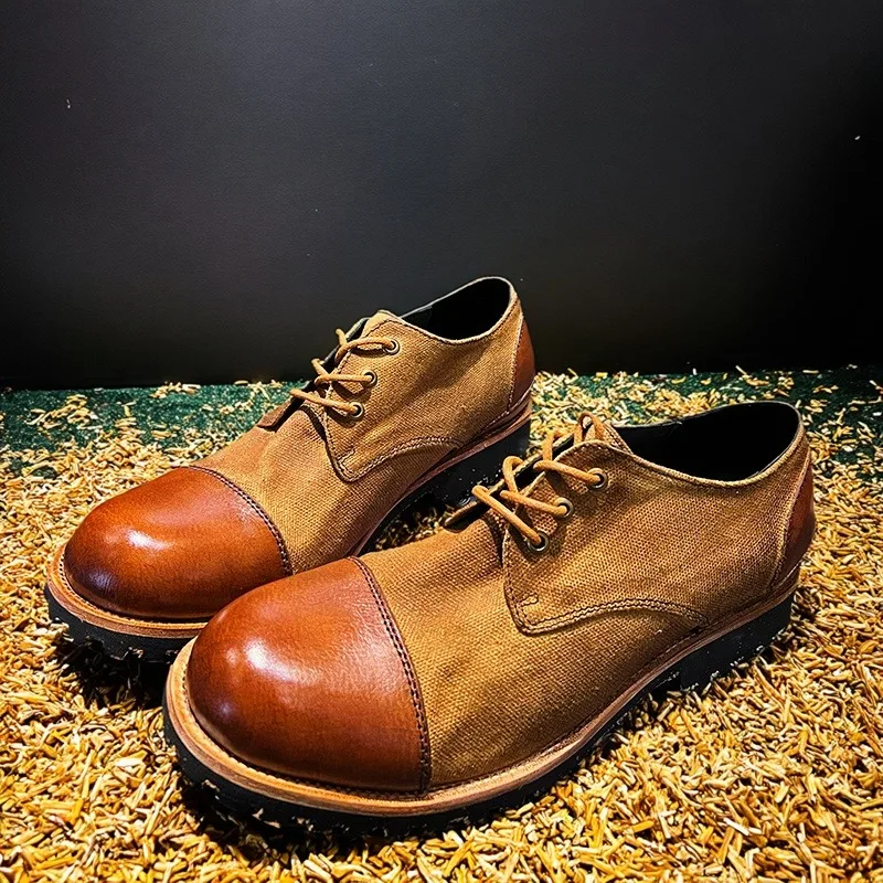 

Japanese Retro British Genuine Leather Low Top Round Toe Casual Handmade Work Shoes Men Canvas Cowhide Derby Leather Shoes Male