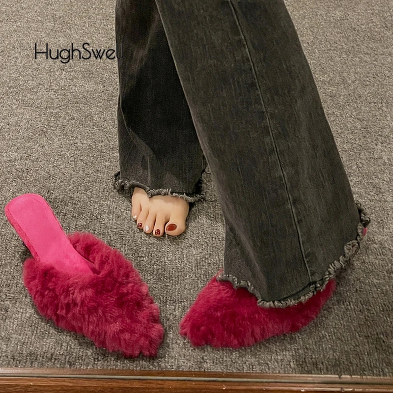 Luxury Kitten Heel Furry Mule Slides Women Rose Pink Sexy Slippers Ladies Pointy Toe Stiletto Plush Sandals Winter Party Shoes