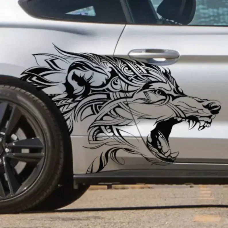 INCLUDES Both Sides - Mustang Ranger Wolf Coyote Grunge Tattoo Design Tribal Door Bed Side Pickup Vehicle Truck Car Vinyl Graphi