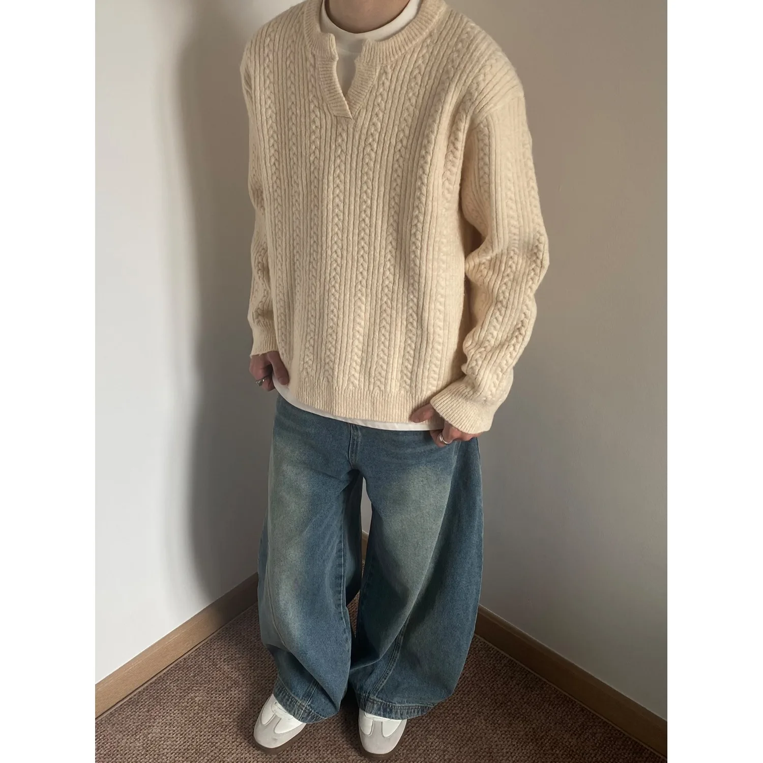 

American Retro Twisted Design Sweater Loose Fit Overhead Henry Collar Men's Women's Lazy High-End Feeling Knitted irt