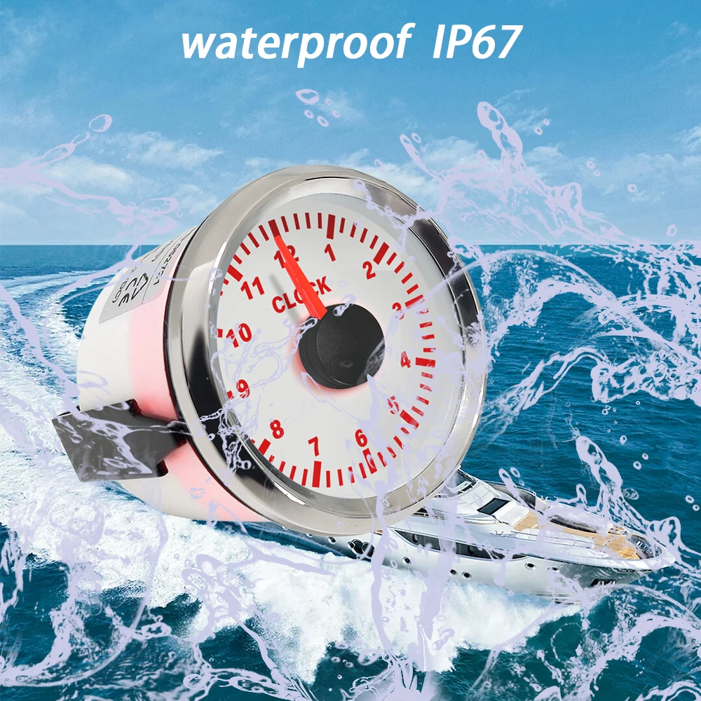 

Waterproof 52mm Clock Meter Gauge 12 Hour Format With Red Backlight 12V 24V For Car Boat Yacht