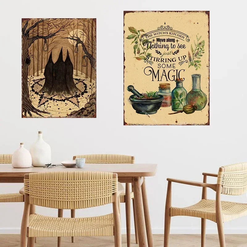 Broom Witch Metal Tin,Signs Kitchen Witchery Iron Painting Plaque Halloween Wall Decor For Bar Cat Club Parlor Cafe Store