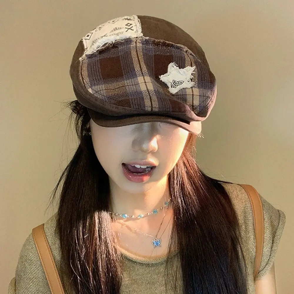 

Casual Vintage Star Plaid Beret American Versatile Newsboy Cap Brown Y2k Painter Cap Spring Summer