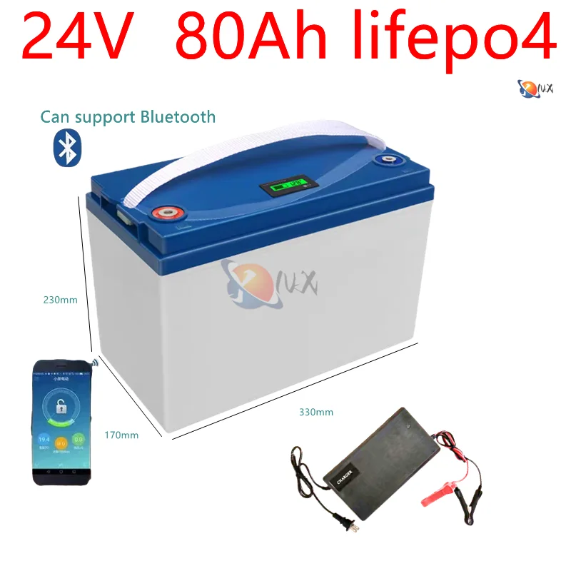 YNX  24V 80AH Lifepo4 battery lithium with bluetooth BMS for inverter solar panel scooter backup power boat light +10A Charger