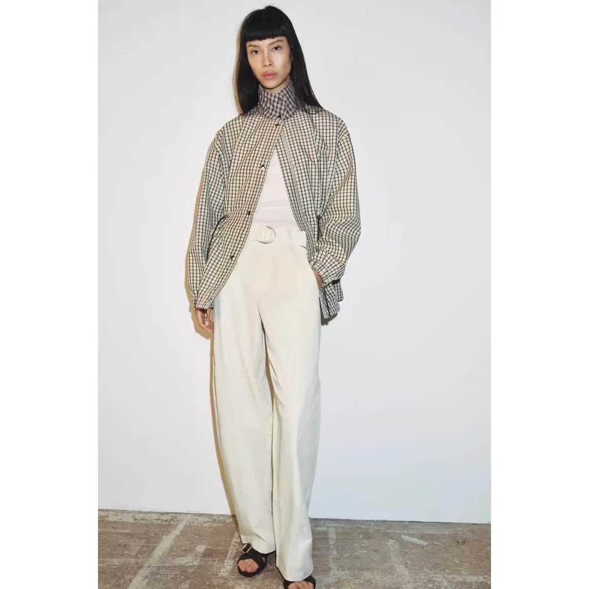 Fashionable Plaid Long Sleeve Stand Collar Casual Waist Cinched Outerwear for Women Color Block Design European Style Polyest...