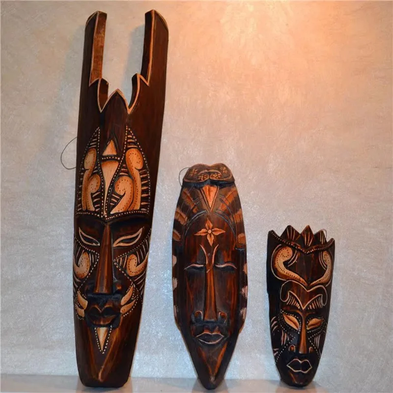 Thai Wooden Mask Wall Hanging, African Face Art Decor, Southeast Asian Vintage Ornament, Creative Hotel Bar Lodge Sign