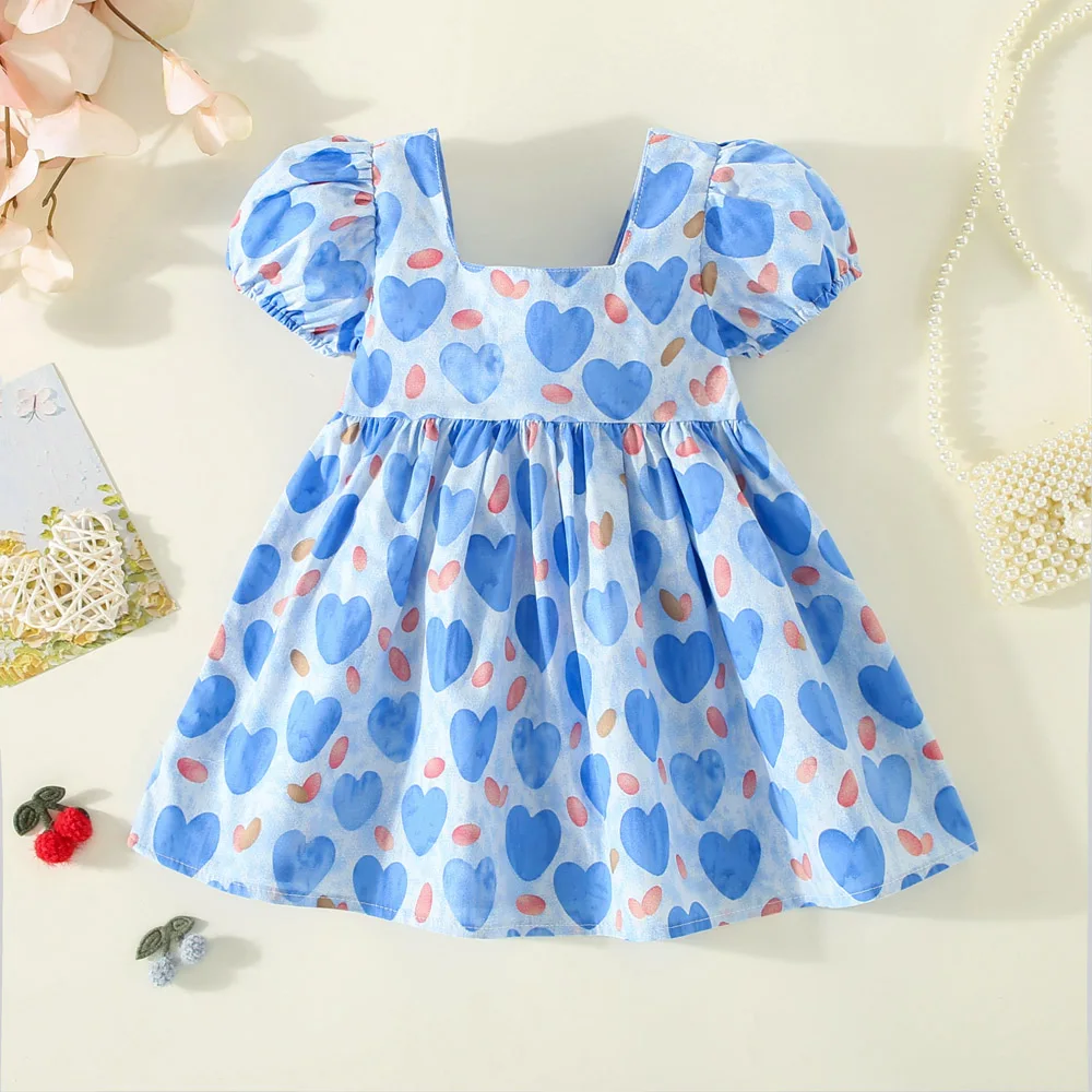 Summer New Cute Full of Love Short Sleeved Cotton Dress for Girls Korean Back Bow Dress Suitable for 0-3 Year Old Babies