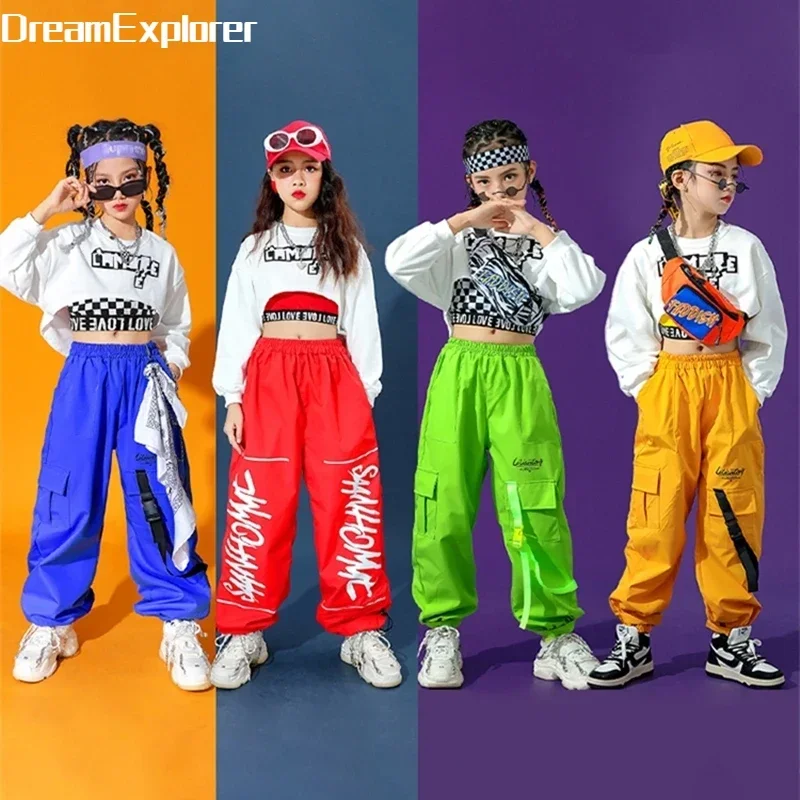 Hip Hop Girls Colorful Cargo Pants Crop Top Child Streetwear Cheerleader Solid Joggers Kids Jazz Street Dance Stage Clothes Sets