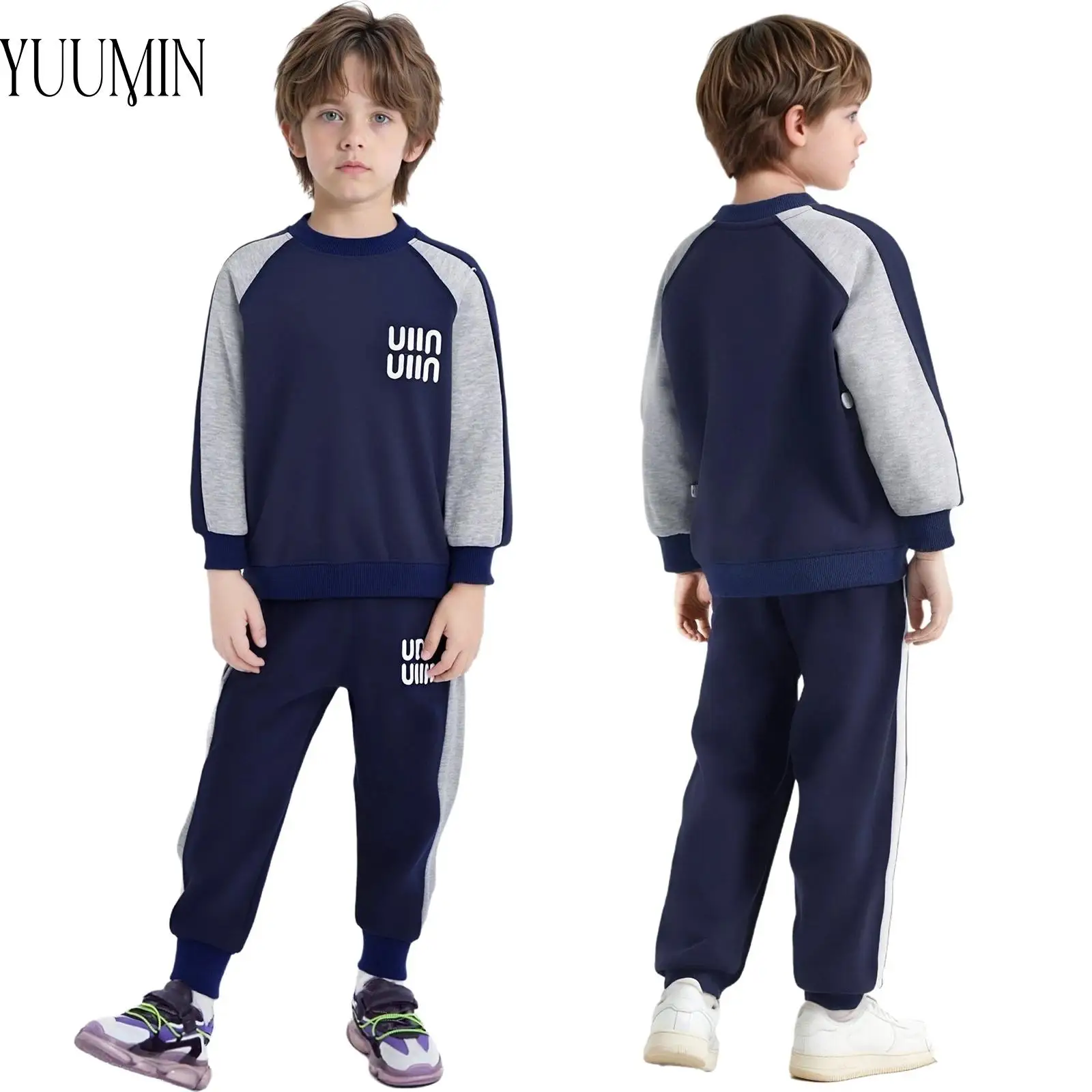 

2Pcs Kids Boys Fashion Color Block Sweat Suit Sports Set Tracksuit Long Raglan Sleeves Pullover Sweatshirt with Sweatpants Suit