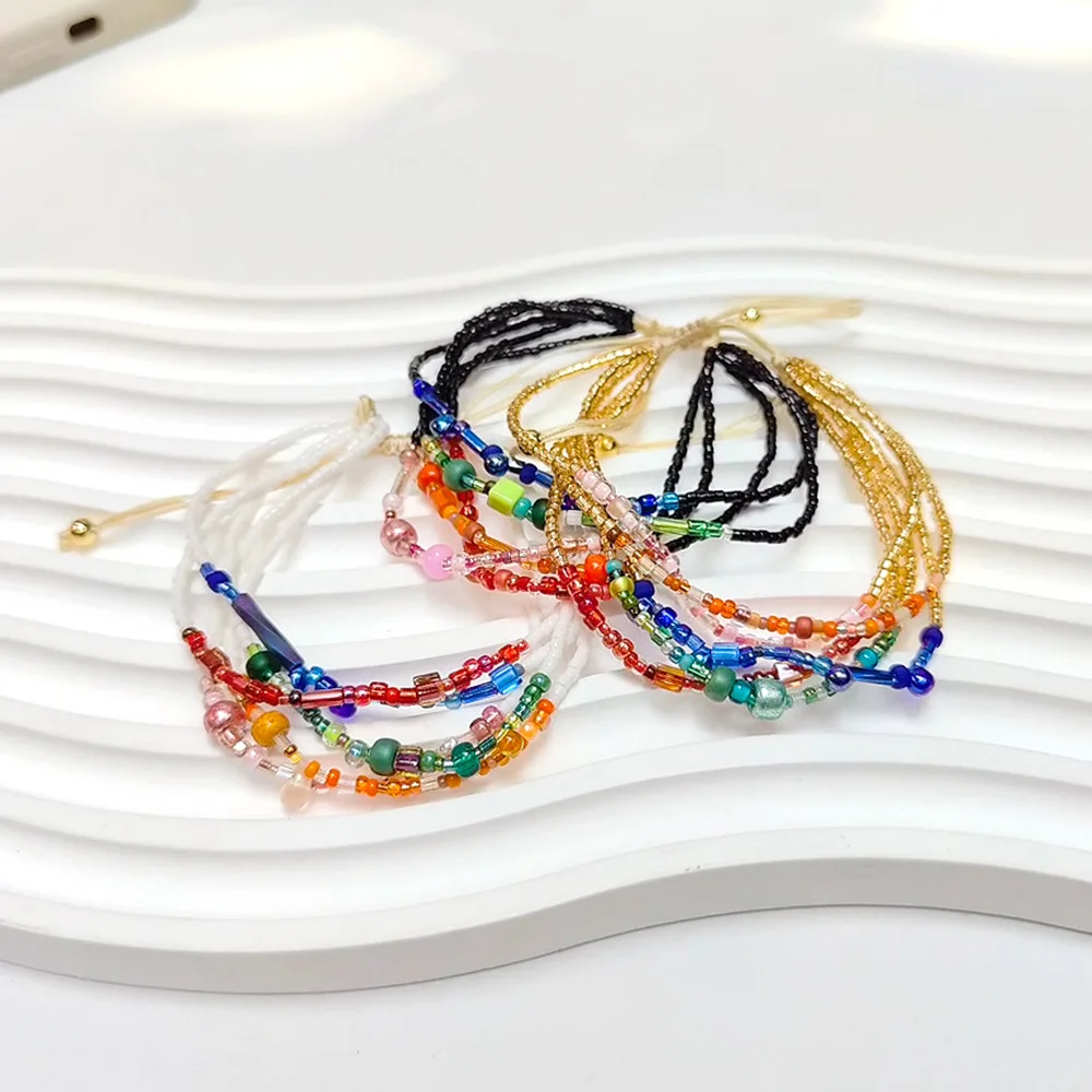 Rice bead bracelet Multilayer Bohemia Irregularity Hand knitting Crystal Adjustable Female Fashion Chroma Simple Beaded bracelet