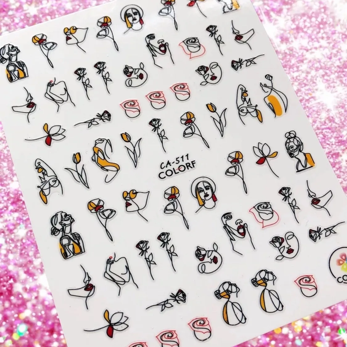 컬러 추상 얼굴 기하학적 선 3D 백 글루 네일 스티커 네일 아트 장식 셀프 접착 네일 장식품 HL101