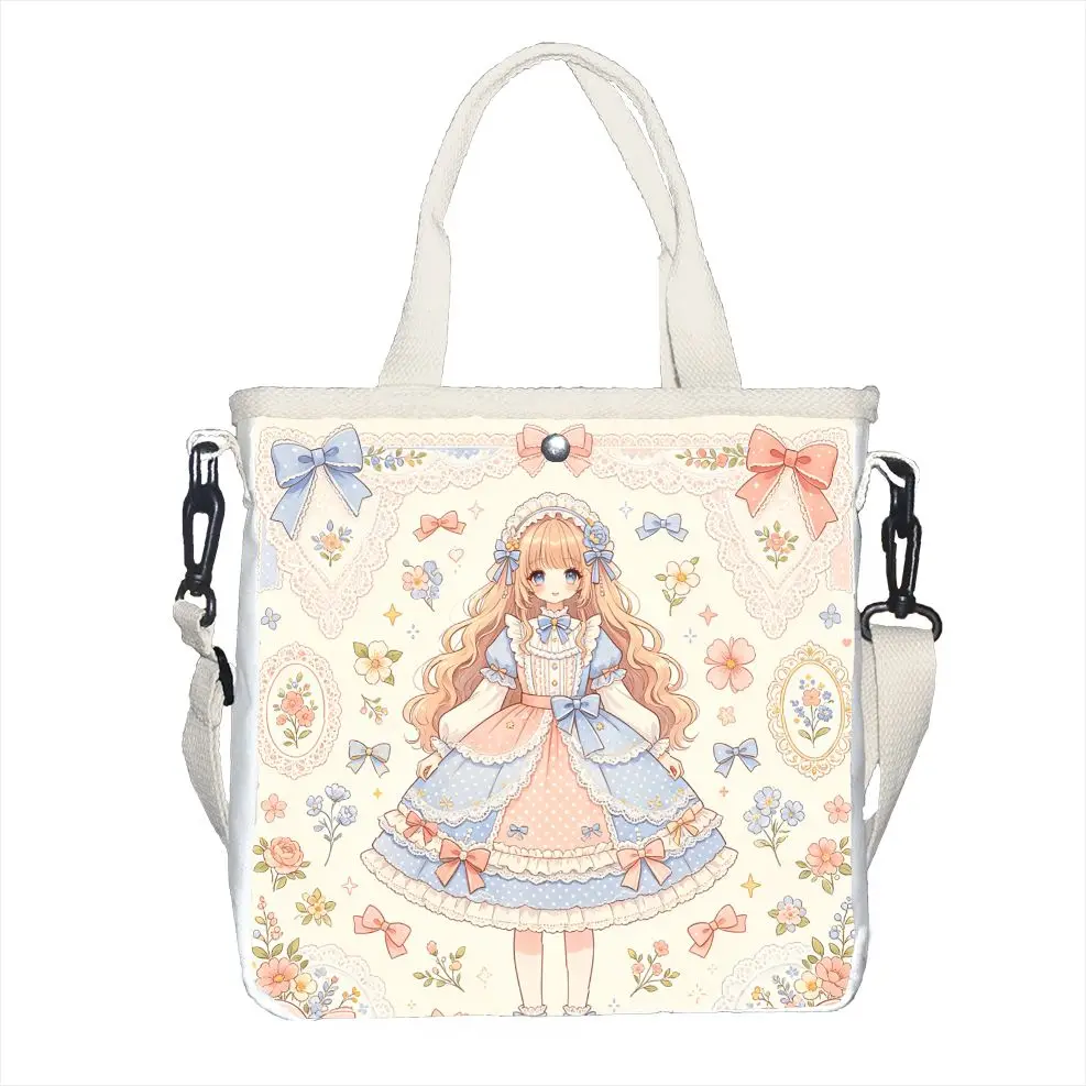 Sweet Lolita Anime Girl Print Tote Bag, Adjustable Strap Pastel Floral Shoulder Bag