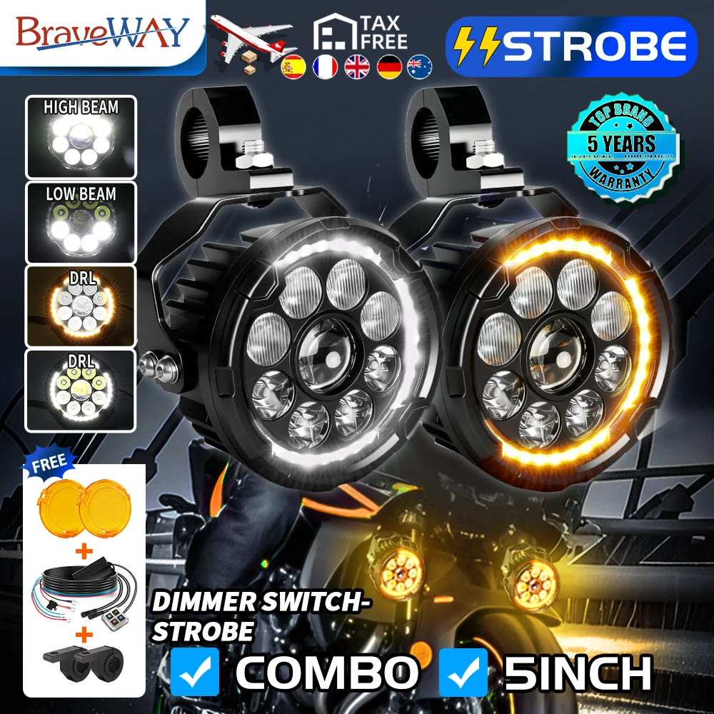 Braveway – projecteurs auxiliaires pour moto, 5 pouces, modification, blanc ambre, DRL, lumière clignotante LED, accessoires pour moto, 12V, 24V