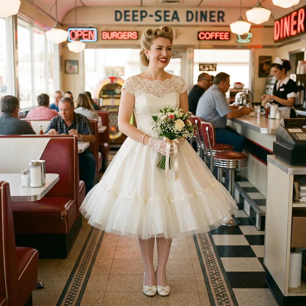 Vintage 1950s Lace Cap Sleeve Tea Length Wedding Dress Retro Rockabilly Tulle Bridal Gown